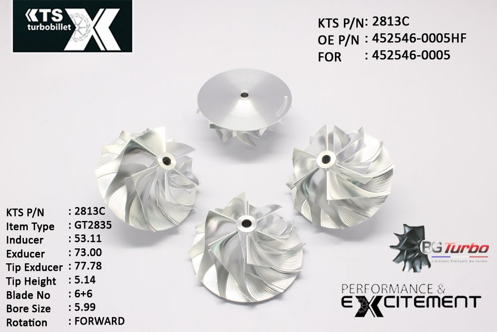 Turbo ROUE FORGÉE MFS PERFORMANCE - 6+6 PALES - INDUCER : 53,11 - EXDUCER : 73 - TYPE : GT2835ANGLE : 55° - ROTATION : Forward - SUPER BACK : 2,32 - BORE SIZE : 5,99
